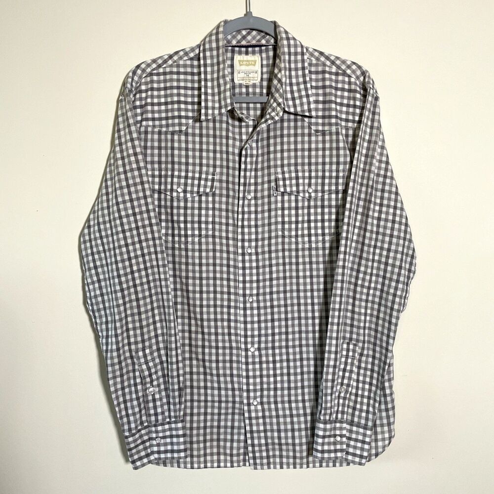 Levis Men's Gray & White Plaid Pearl Snap Shirt Size Medium Casual Western